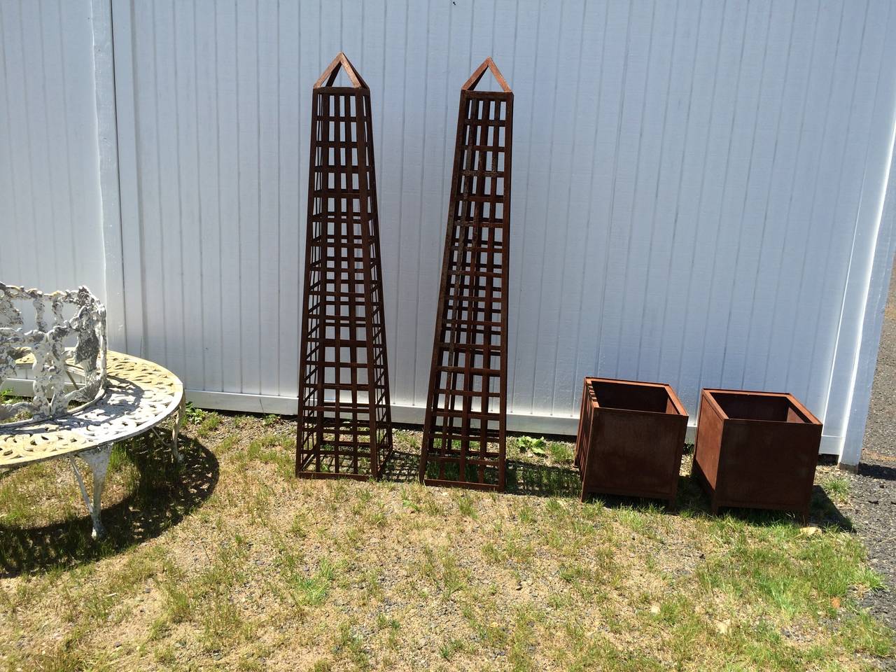 Pair of Monumental Iron Latticework Obelisks with Planters 6
