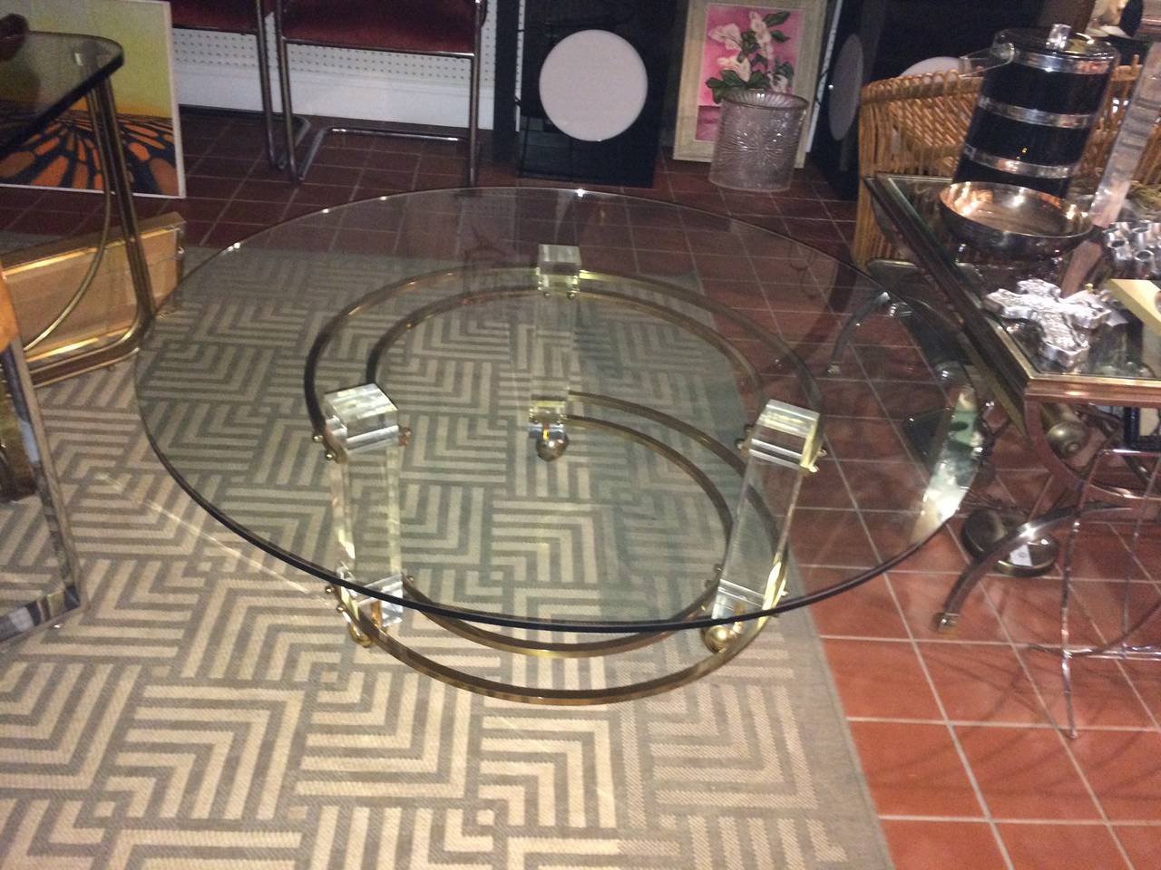 Plated Hollywood Regency Lucite and Brass Coffee Table