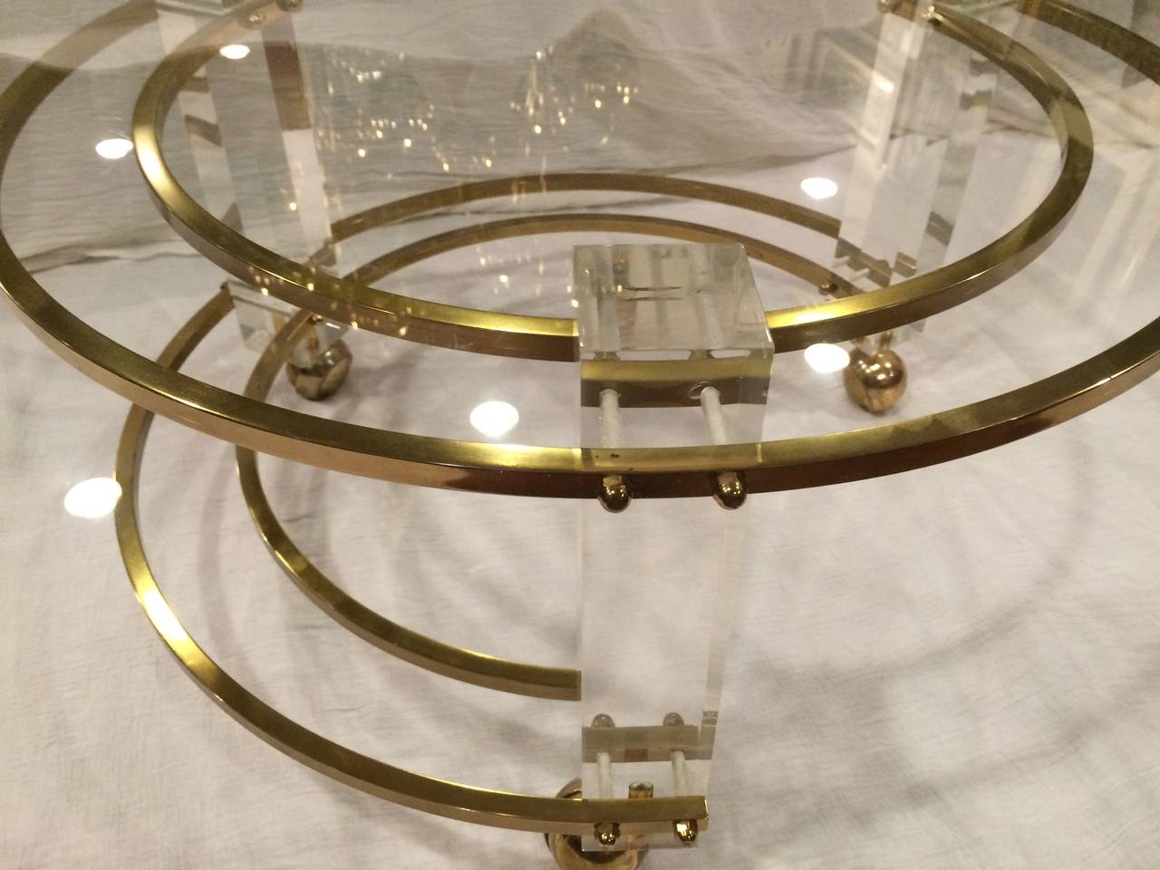 Glass Hollywood Regency Lucite and Brass Coffee Table