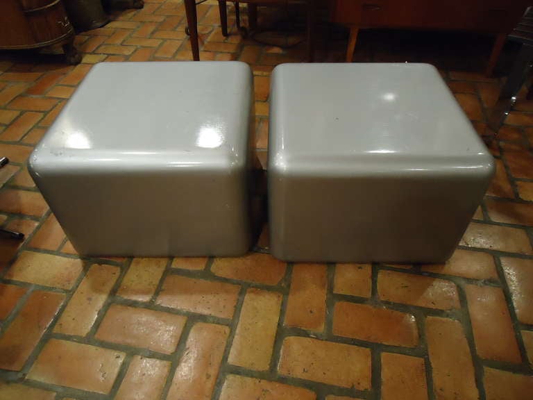 Pair of Milo Baughman for Thayer Coggin silver cube tables. Signed with original 1970's paper label. Made of solid wood with a high lacquered finish. These cubes are not only great tables but are strong enough to be used for seating as well. In 