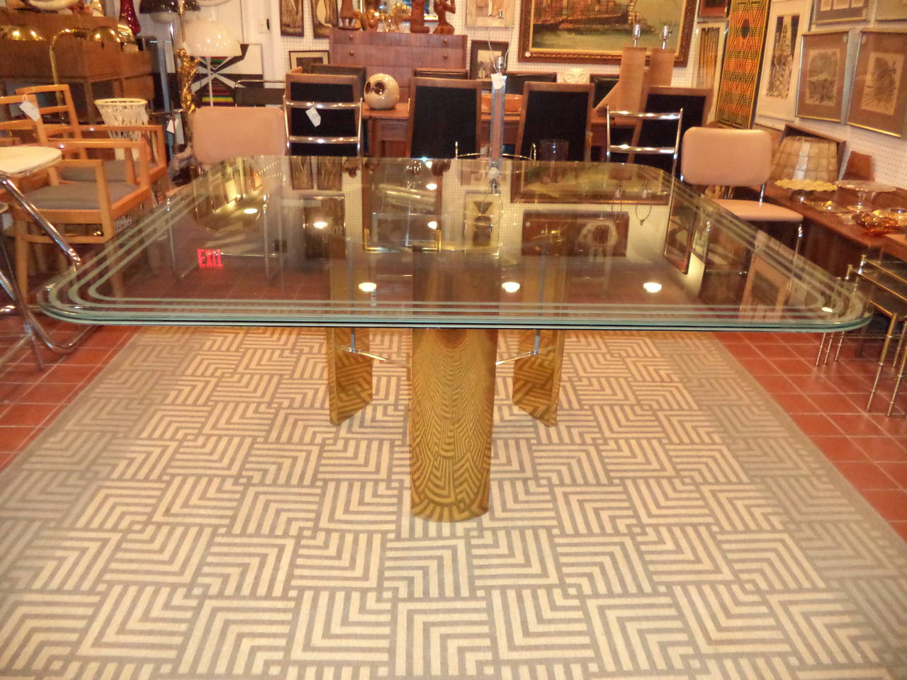 Hollywood Regency ON SALE-Milo Baughman Style Brass and Glass Dining Table ON