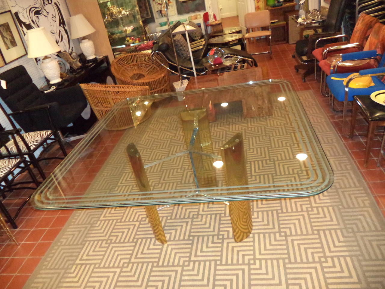 ON SALE-Milo Baughman Style Brass and Glass Dining Table ON 3