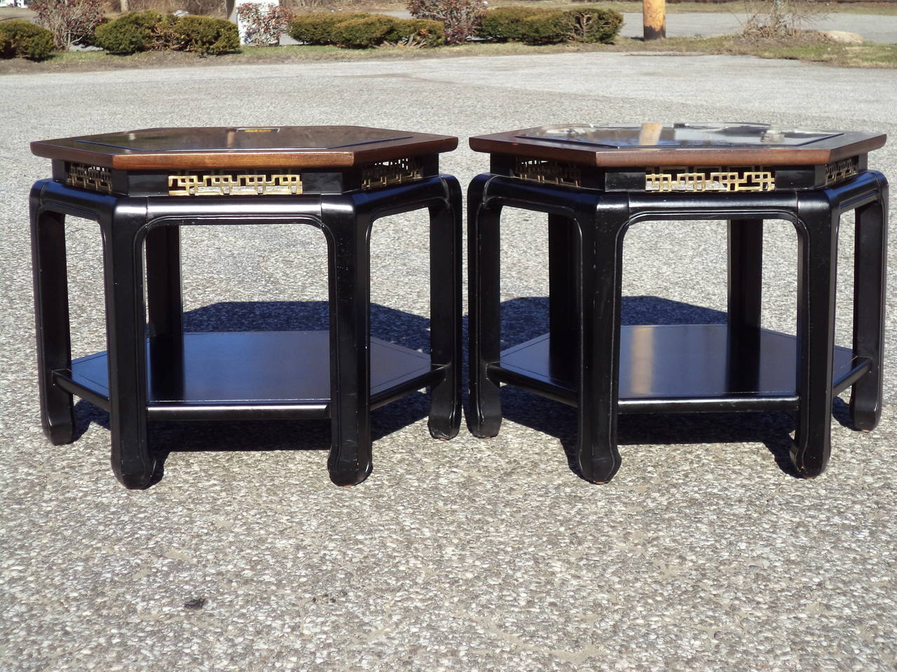 Hollywood Regency Pair of Asian Chinese Chippendale Tables in the Style of James Mont