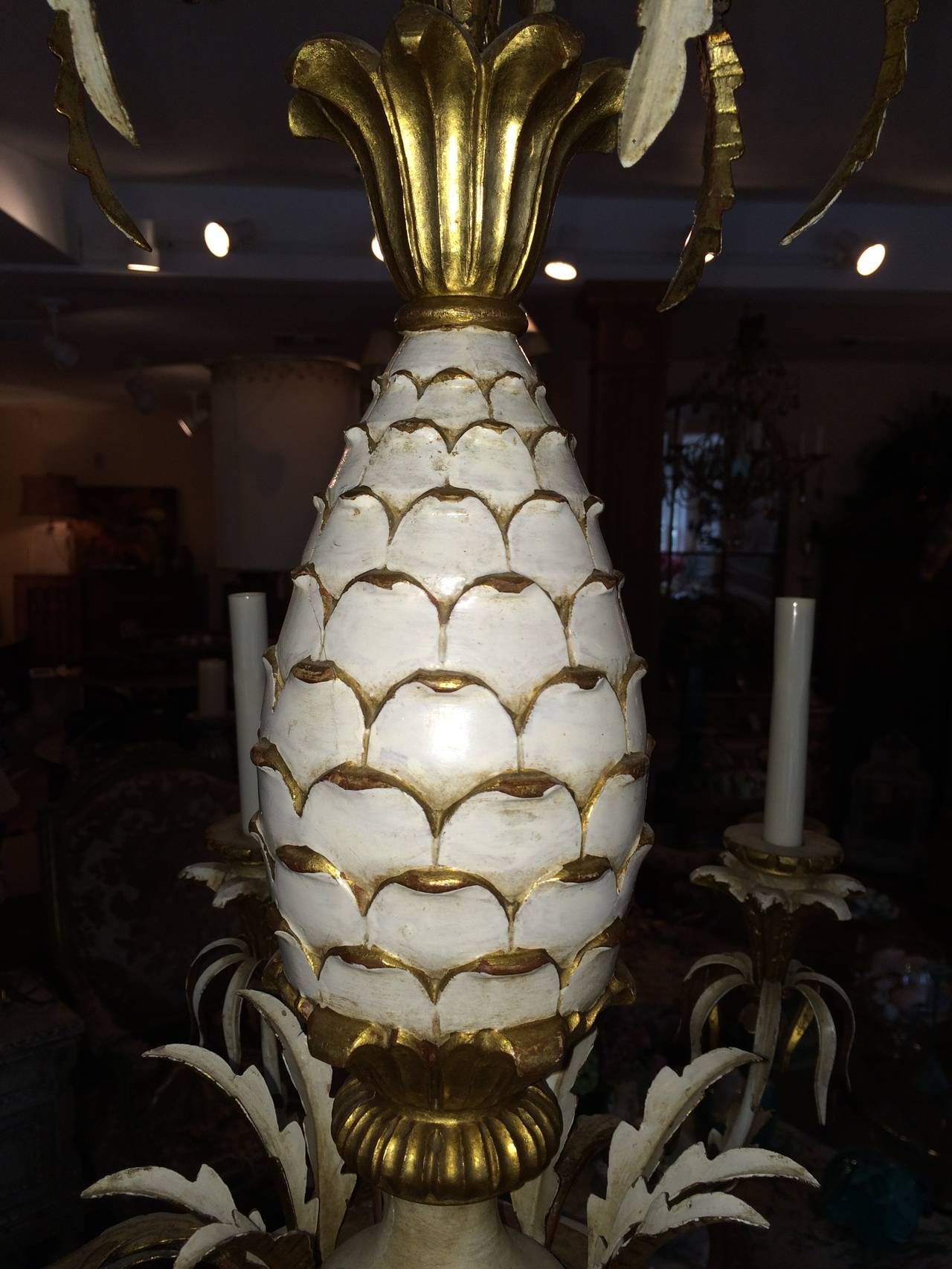 Hollywood Regency Carved Pineapple Chandelier In Excellent Condition In Redding, CT