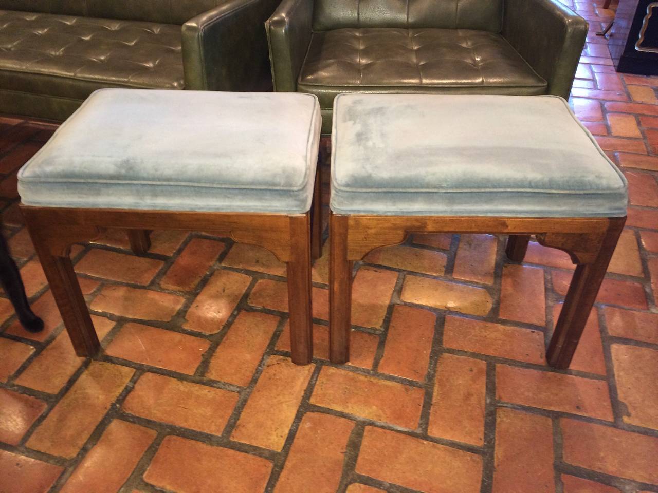 Pair of Ethan Allen stools. Classic solid wooden base with robins egg blue velvet.These would fit perfectly under a Parsons table.