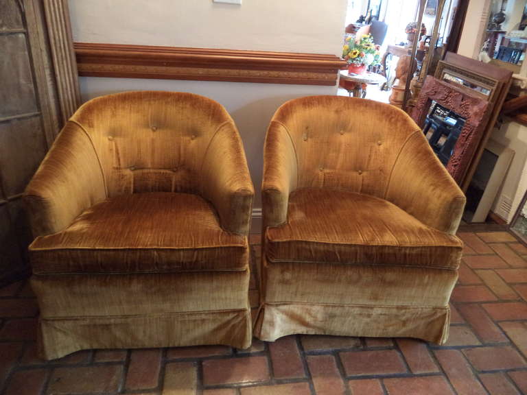 Pair of Hollywood Regency Club Chairs by Ethan Allen . Golden Velvet. Wooden 4 legged base.