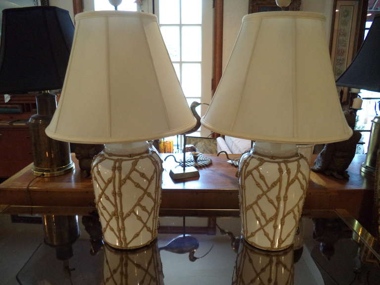 American Pair of Hollywood Regency Chinoiserie Faux Bamboo Lamps