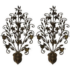 Pair of Hand Wrought Iron Floral Wall Sconces 10