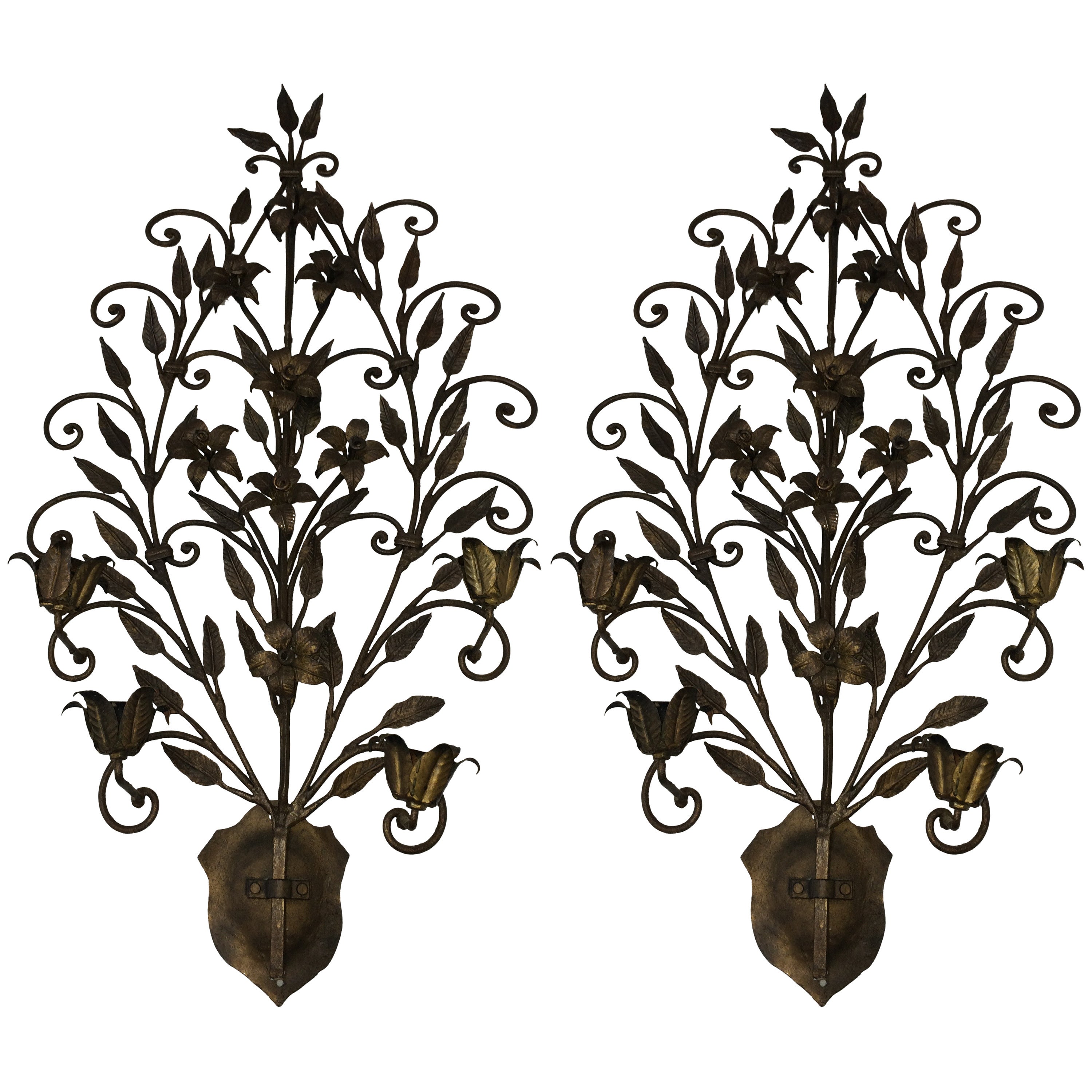Pair of Hand Wrought Iron Floral Wall Sconces