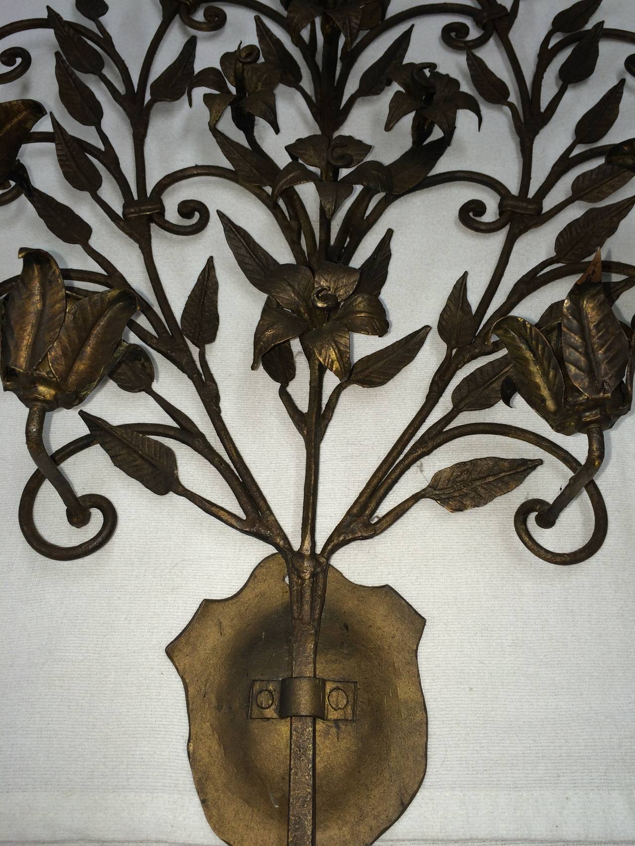 Romantic Pair of Hand Wrought Iron Floral Wall Sconces For Sale