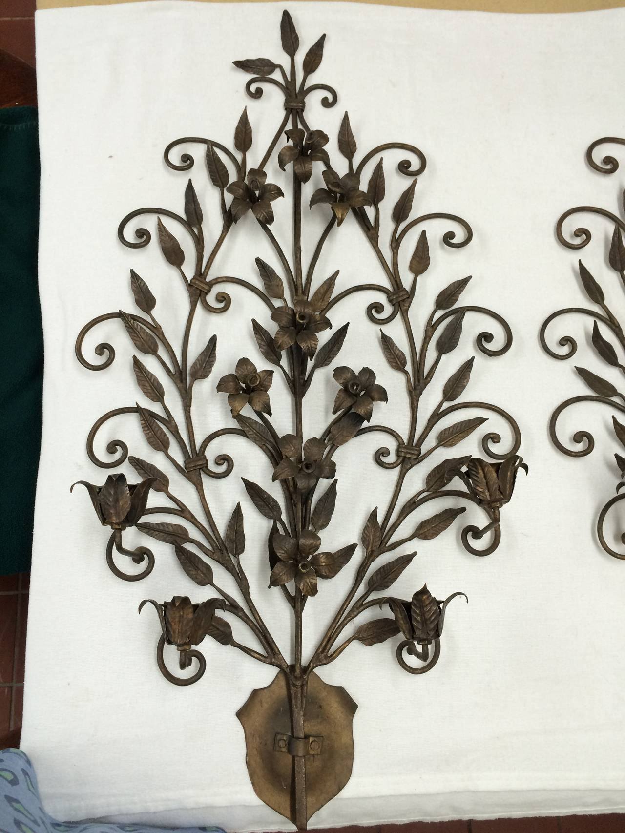 Pair of Hand Wrought Iron Floral Wall Sconces For Sale 1
