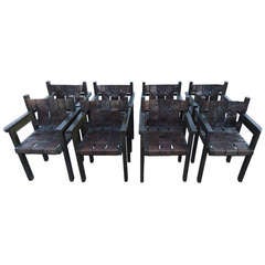 Set Of 8 Weaved Leather Chairs With Brass Studs