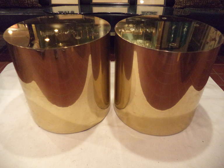 Paul Mayan for Habitat Brass Drum Side Tables with round fitted glass tops