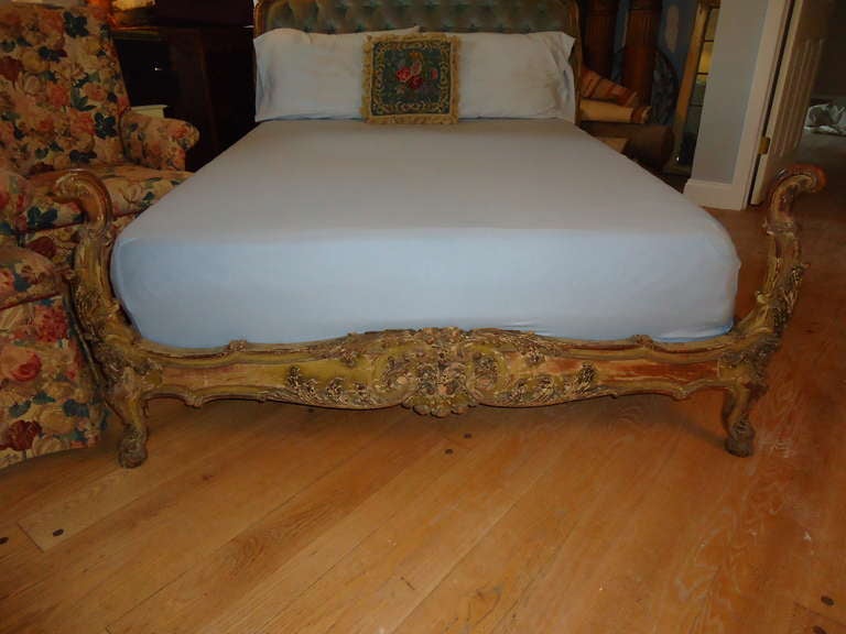 Louis XIV ON SALE-Antique Carved Wooden French Bed with Tufted Headboard