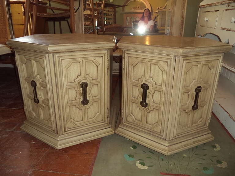 Pair of Hollywood Regency Hexagonal Cabinets. These mod tables have plenty of storage and can be used as end tables, nightstands or as a pair of coffee tables. Reminiscent of Dorothy Draper. These would look great lacquered in a high gloss bright