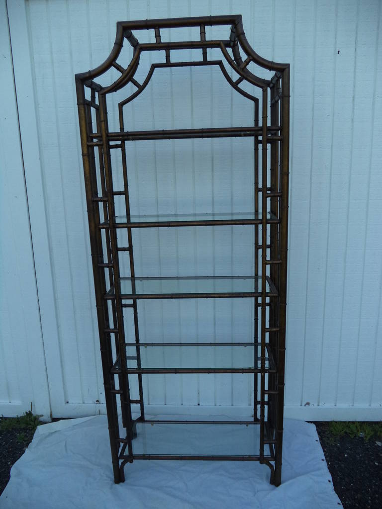 Hollywood Regency Pair of Chinese Chippendale Pagoda Style Faux Bamboo Etagere