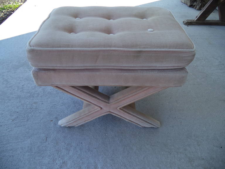 Hollywood Regency tufted X-based stool or bench in pale pink velour. In the manner of decorator Billy Baldwin. Would look great with a cool hip fabric make over!