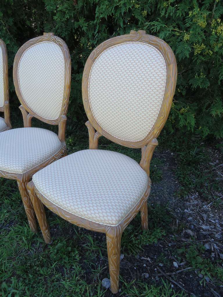 Carved Set of Eight Mid Century Faux Bois Dining Chairs