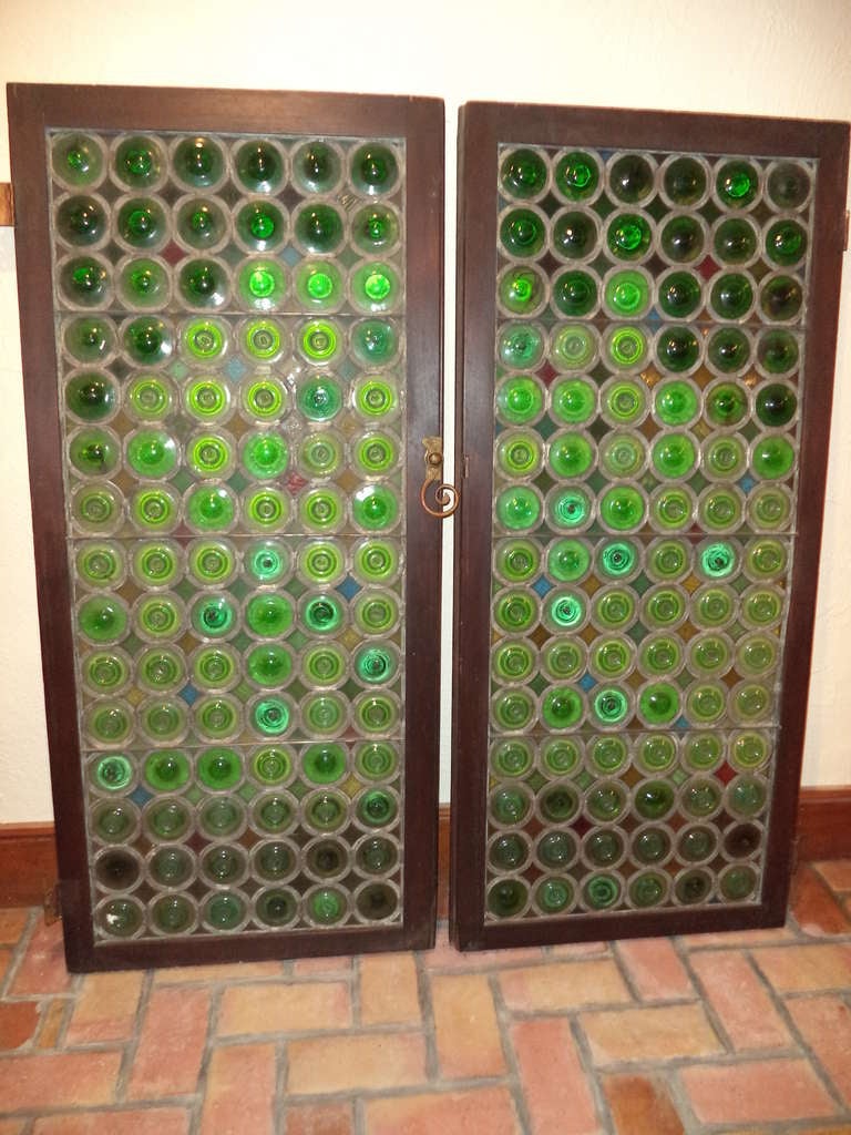 Pair of Antique Leaded Stained Glass Windows. These rich,deep green bottle glass or 