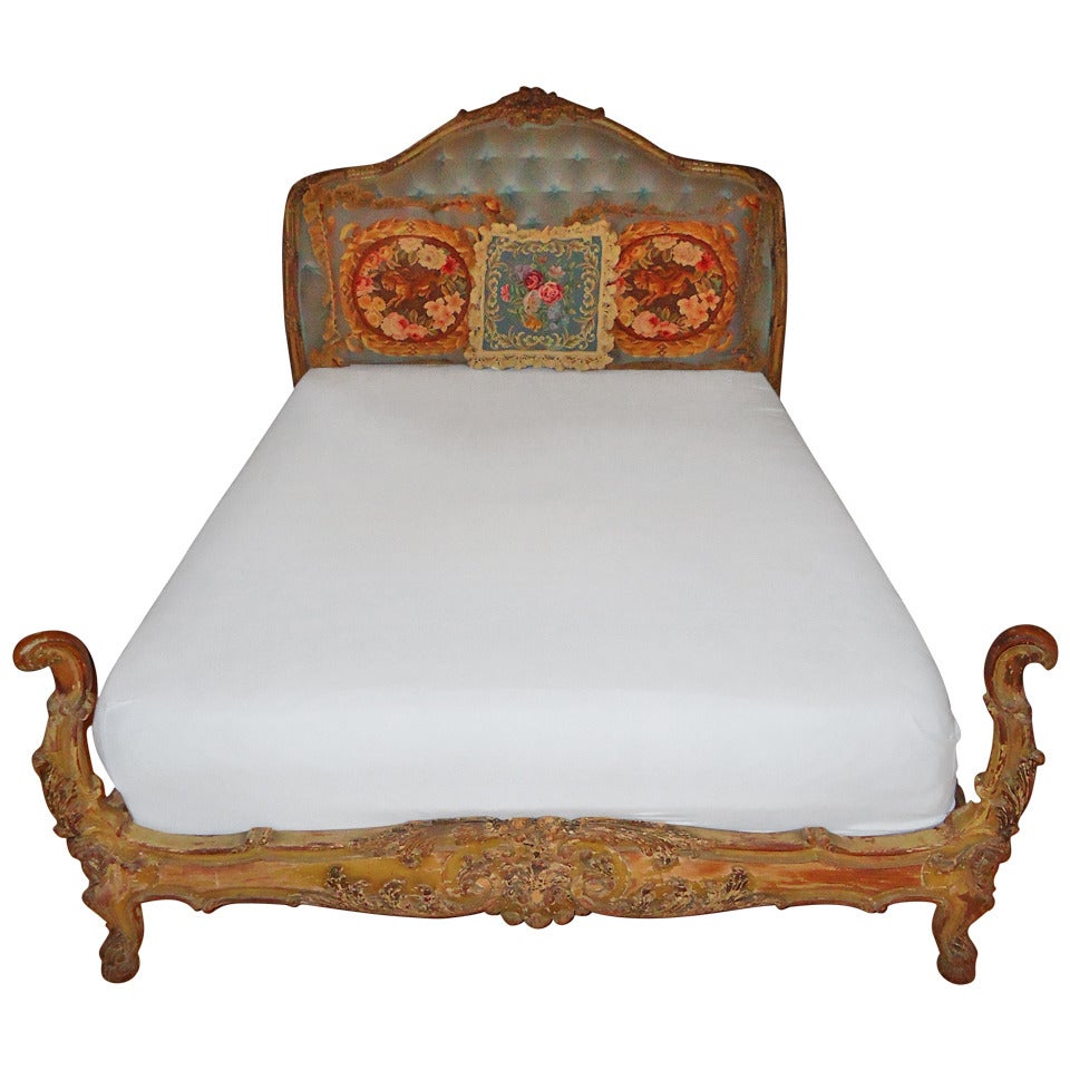 ON SALE-Antique Carved Wooden French Bed with Tufted Headboard