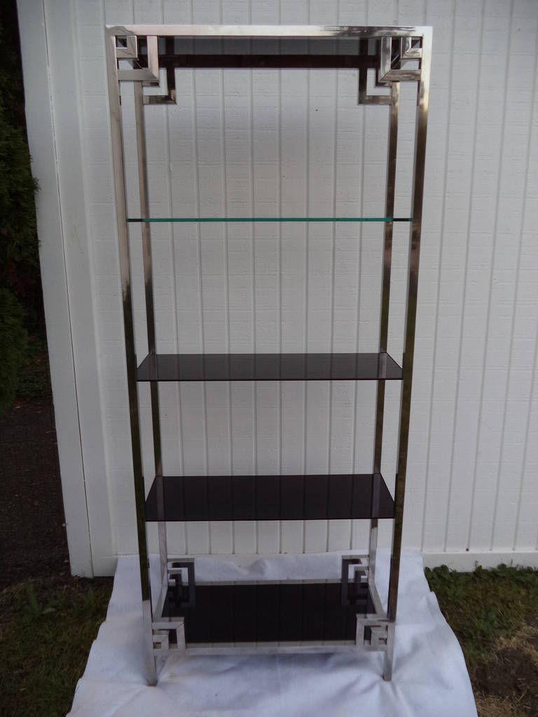 Milo Baughman Greek Key Chrome and Glass Etagere