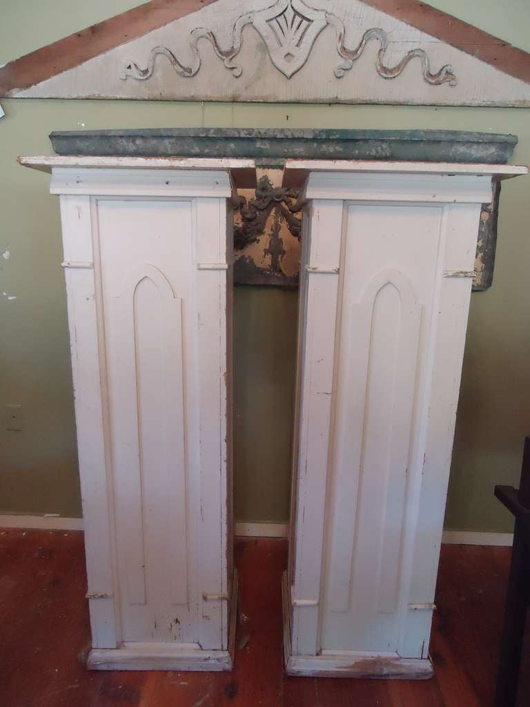Pair of Monumental Farmhouse Country Columns or Pedestals. Probably used as fern stands or floral bouquet stands. Impressive height and size. Great architectural accent pieces. Shabby Chic or Gothic in style. Painted pine columns, White in color.