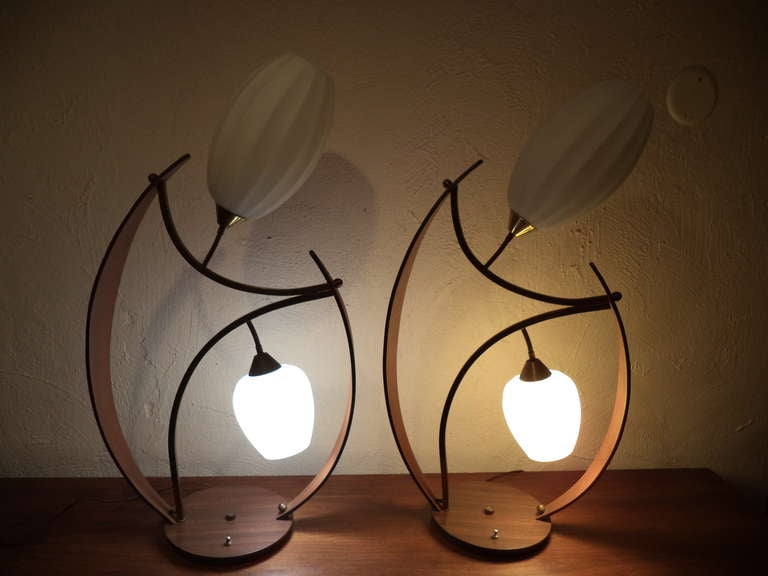 Brass Pair of Mid-Century Modern Teak Lamps