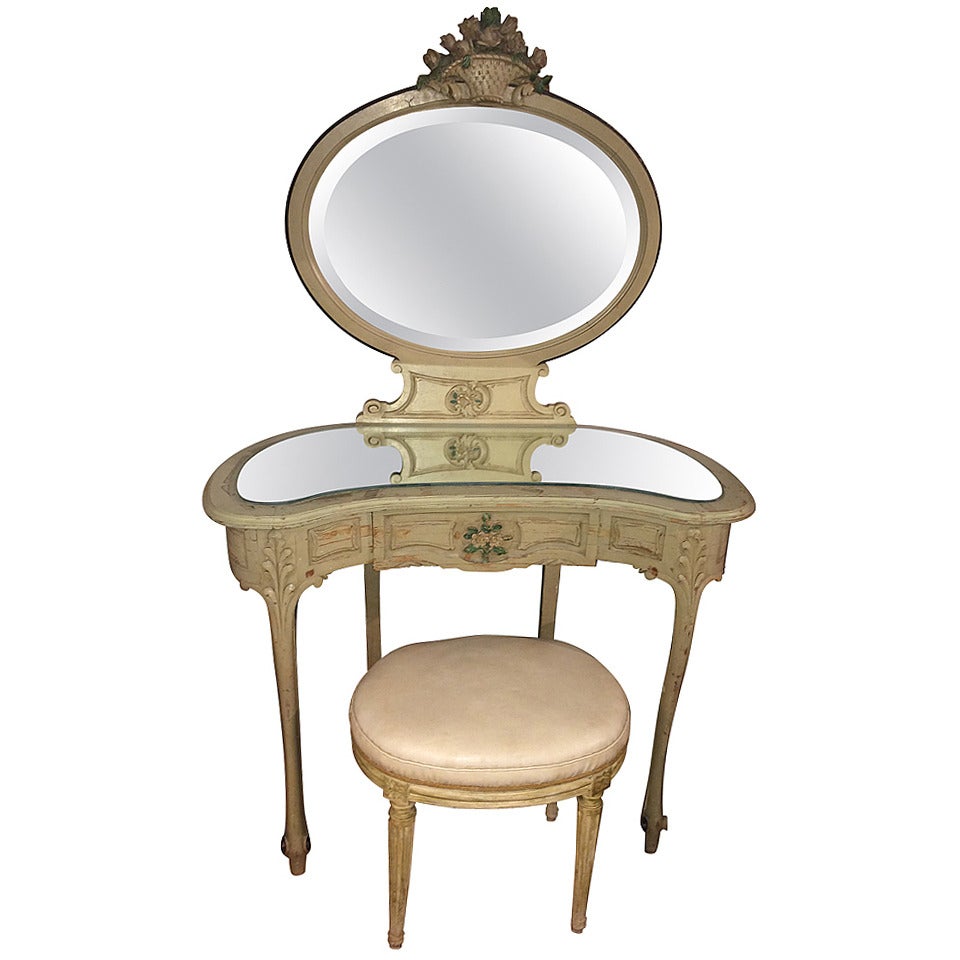 French Hand-Carved and Painted Vanity with Stool