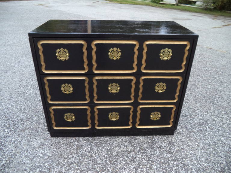 Dorothy Draper Espana Chest of Drawers with Asian inspired hardware.
We also have the original hardware as well if you prefer that. This chest of drawers has a high gloss finish. We have another Espana chest of drawers with the original hardware as