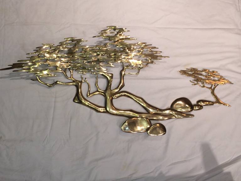 Brass Bonsai Tree Wall Sculpture by Bijan. This may be earlier than 1980s as there is no date on it next to the signature