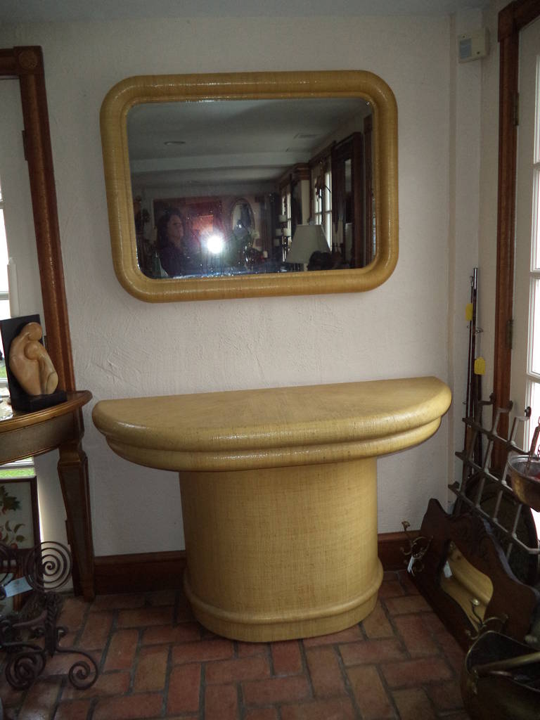 Palm Beach Style Grass Cloth Console with Matching  Mirror In Good Condition In Redding, CT