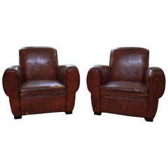 Pair of  French Art Deco Leather Club Chairs