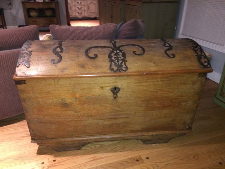 Large 18th Century Dome Trunk with Ornate Ironwork. Great for storing blankets or linens.Hardware includes snipe hinges and rose head nails. Amazing detail to this one of a kind piece. Perfect for storing blankets and winter sweaters at the foot of
