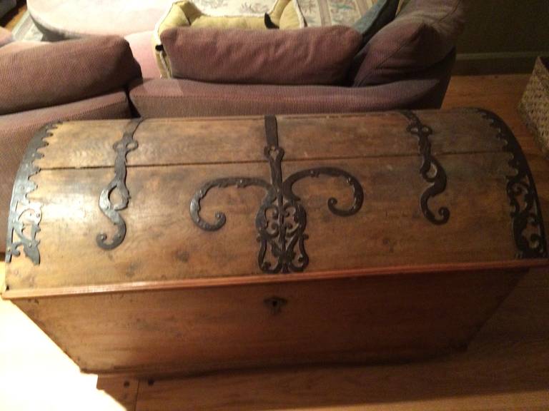 Spanish Colonial Large 18th Century Dome Trunk with Ornate Ironwork