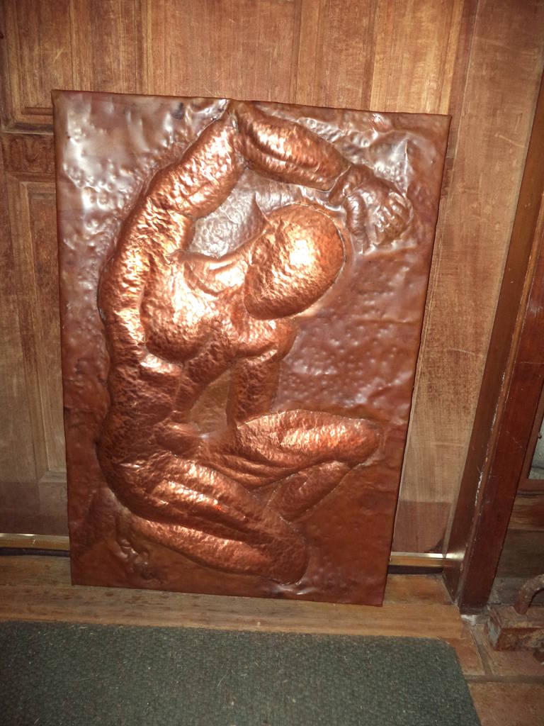 Mid-Century Modern Mid Century Hammered Copper Wall Relief of a Nude Male For Sale