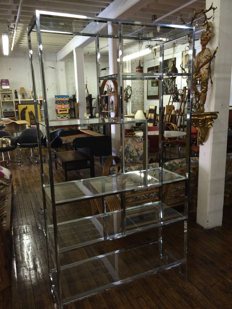 Milo Baughman Chrome Etagere with Greek Key Base. Consists of 6 shelves total. Four long shelves and two short. Excellent condition.