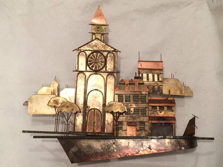 Signed Curtis Jere sculpture of a church with village. Signed and dated 1972. Nice 3D  design. 