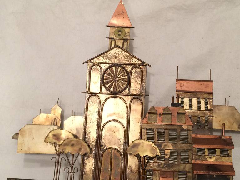 American Signed Curtis Jere Sculpture of a Church with Village For Sale