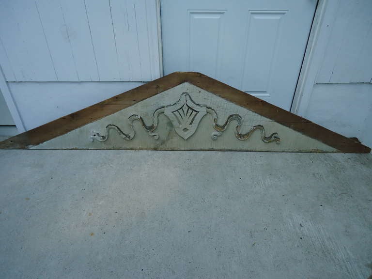 Carved pine fragment or transom with original crème colored paint.
Great accent piece in that Primitive country or shabby chic home.