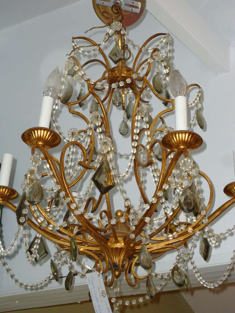 Hollywood Regency Gilded Iron and Crystal Chandelier