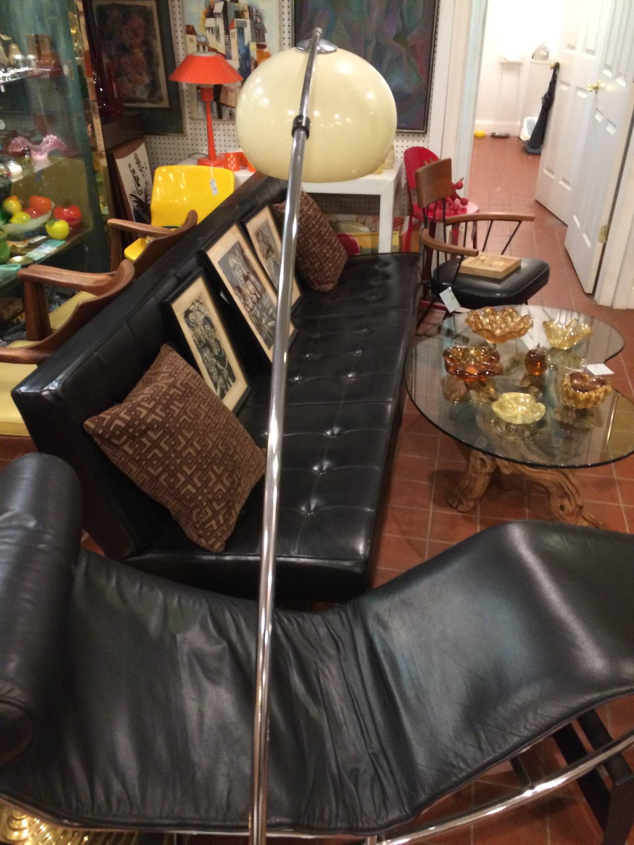 Mid-Century Arc Floor Lamp in Chrome with white Marble Base.  In Good Condition In Redding, CT