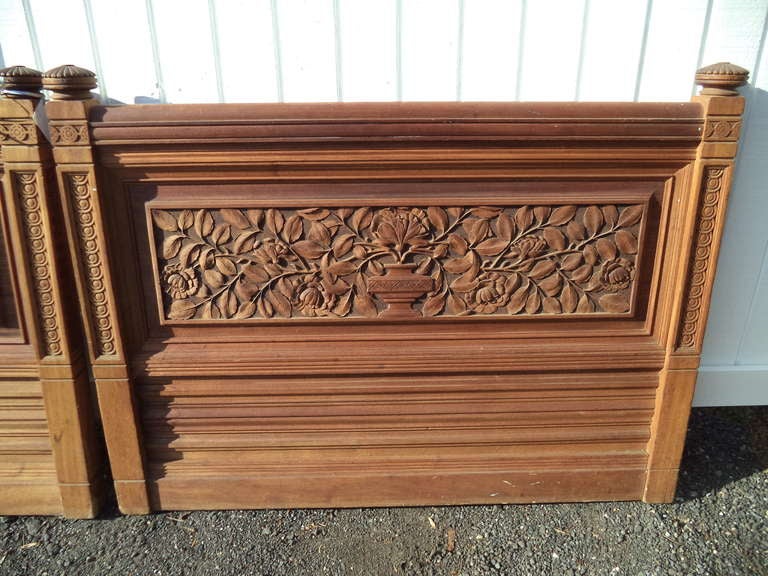 Aesthetic Movement Pair of Heavily Carved Solid Mahogany Twin Headboards