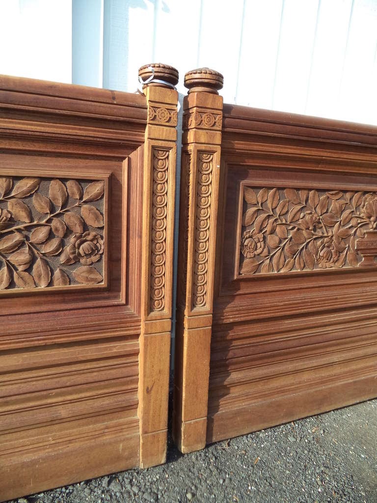 Hand-Carved Pair of Heavily Carved Solid Mahogany Twin Headboards