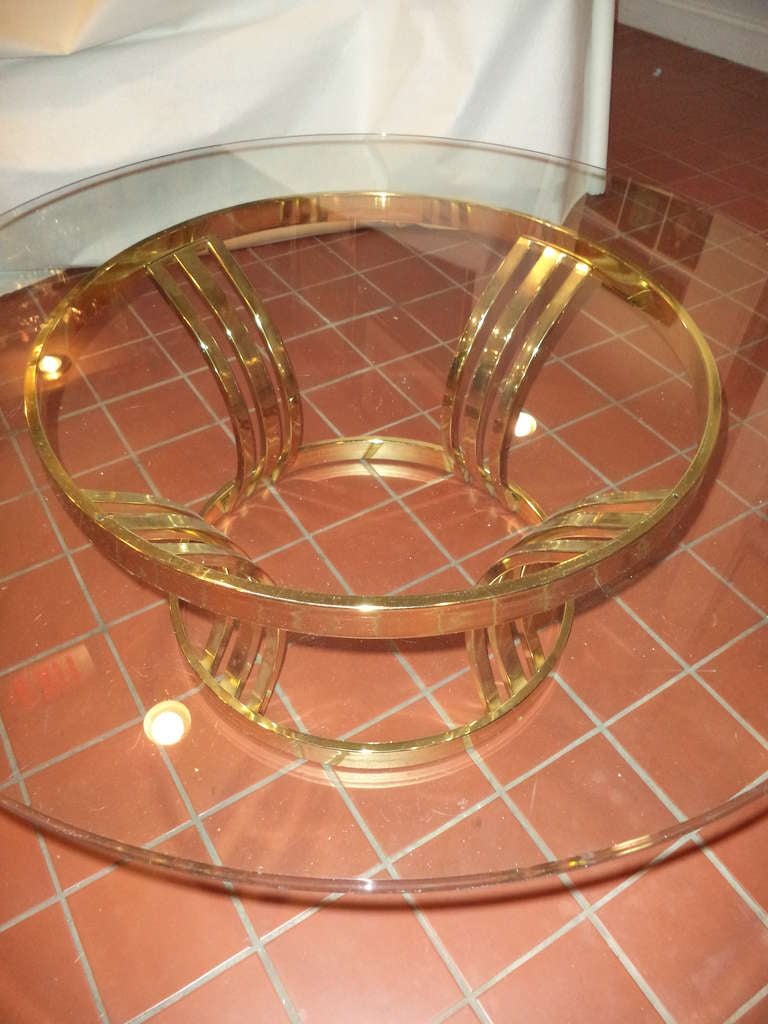 American Sculptural Brass and Glass Round Coffee Table