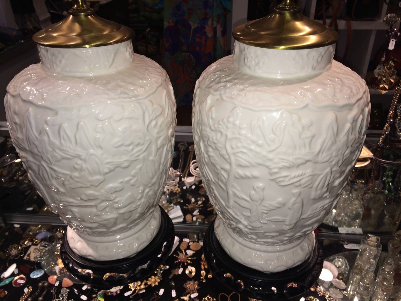 Metal Pair of Chinese Chippendale Ceramic Lamps