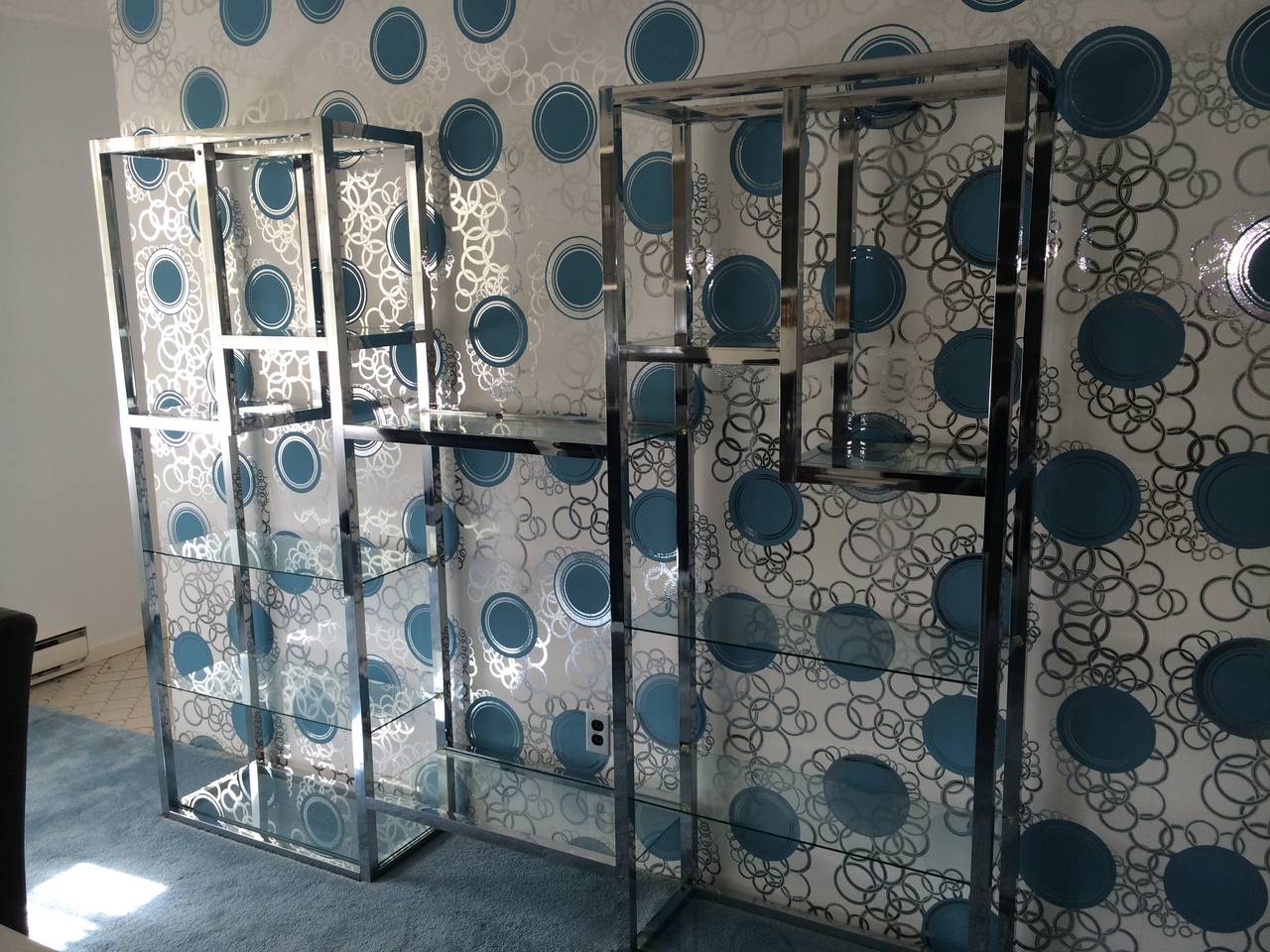  Milo Baughman Style Chrome Extra Large Etagere . Can break down to a Pair of Milo. Or One Large Chrome Etagere if Connected.  Can cover a room size wall. Lots of elegant storage here. 12 shelves to display all of your goodies here.