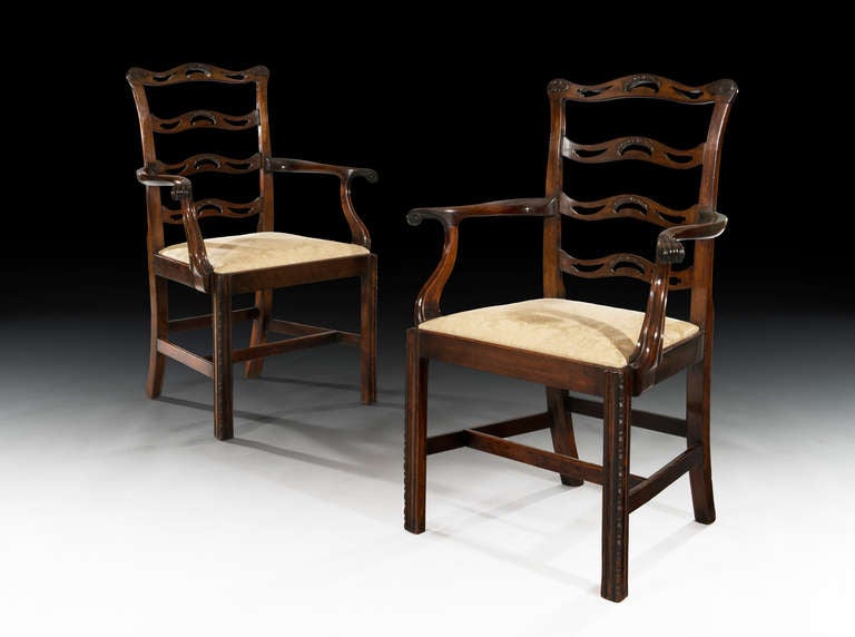 English Fine Pair of Carved George III Mahogany Chippendale Ladder-Back Carvers