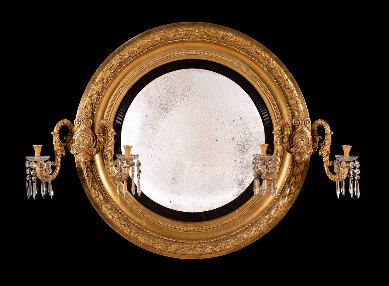 Very Large and Grand Regency Period Giltwood and Gesso Carved Convex Mirror