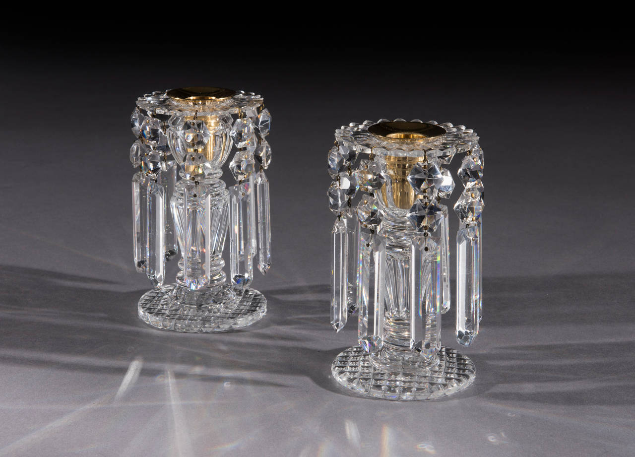 Small Pair of English Glass Cut Candlestick Lustres