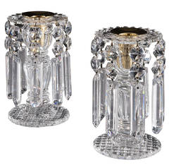 Small Pair of English Glass Cut Candlestick Lustres